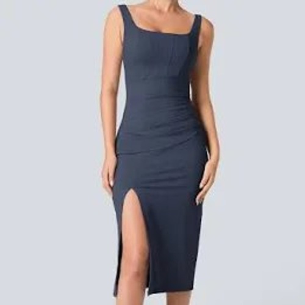 Halara Softlyzero Airy Navy Blue Midi Dress Square Neck Draped Wrap Slit Small